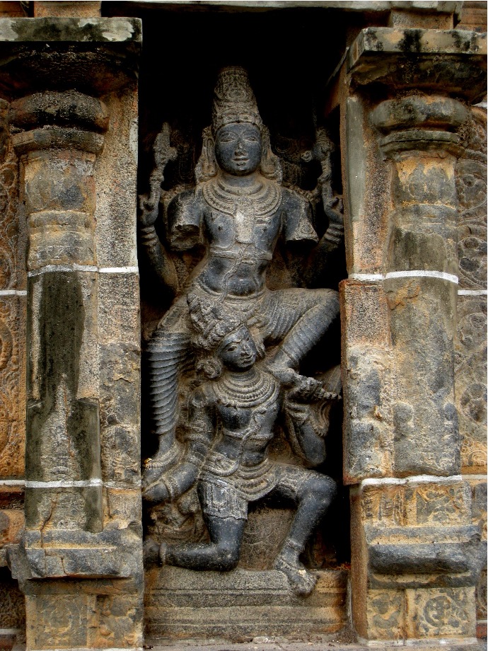 Stone carving from Thillai Nataraja Temple, Chidambaram, Tamil Nadu — Chola-period granite sculpture depicting a dance posture